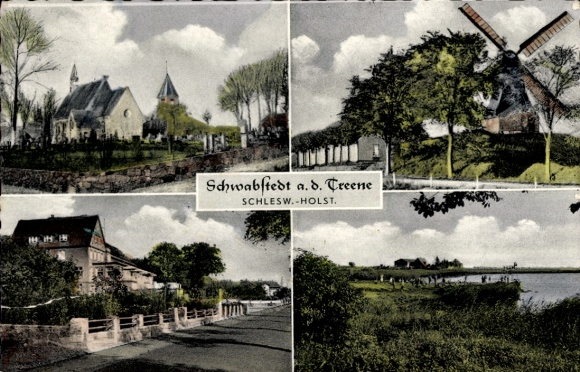 Ak Schwabstedt an der Treene Noord-Friesland, gedeeltelijk uitzicht, kerk, windmolen