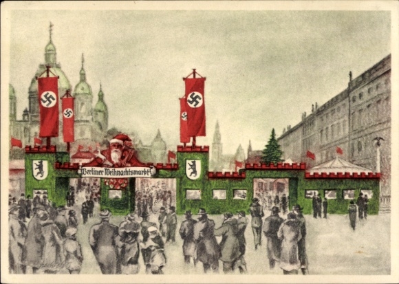 Artist Postcard Berlin Mitte, Berlin Christmas market 1936 at the cathedral, flag decoration