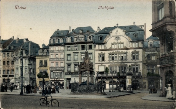 Postcard Mainz am Rhein, market square, building, advertising, bicycle,