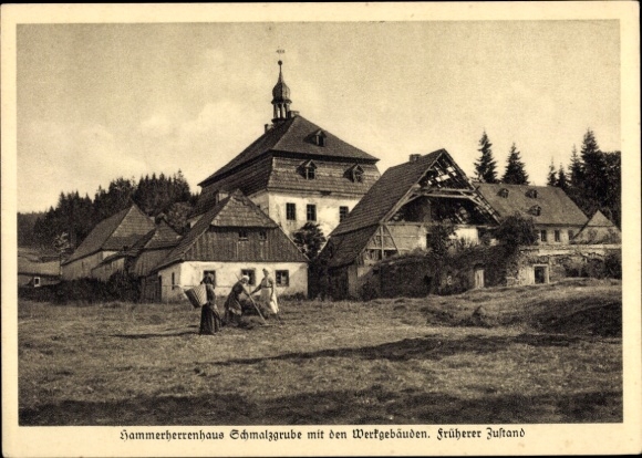 Ak Schmalzgrube Jöhstadt im Erzgebirge Sachsen, Blick auf Hammerherrenhaus mit den Werkgebäuden