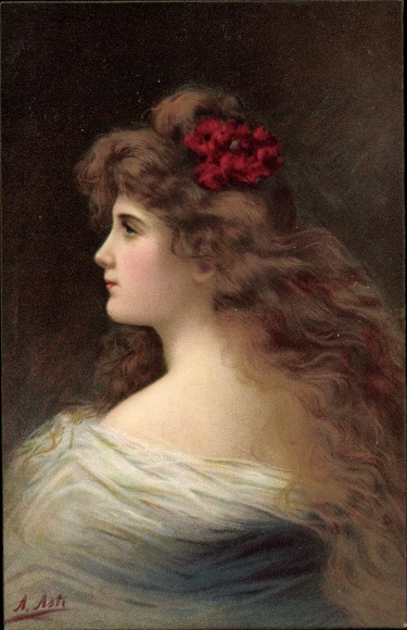 Artist Postcard Asti, Angelo, portrait of a young woman with long brunette hair