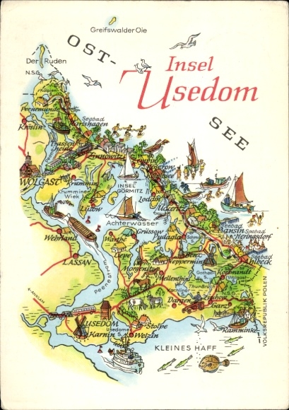 KP Wyspa Uznam, Ilustrowana Mapa, Wody Wyspowe, Miejsca, Promy