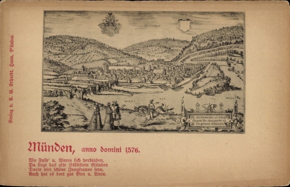 PC Hann. Münden in Lower Saxony, historical depiction from 1576, landscape scene...