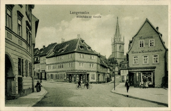 Postcard Bad Langensalza in Thuringia, Mühlhäuser Straße, building, church, cyclist