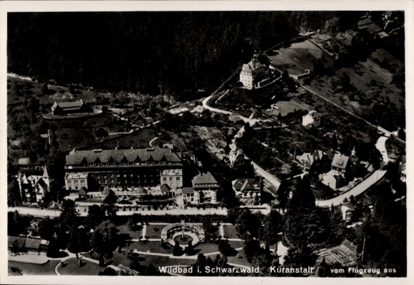Postcard Bad Wildbad in the Black Forest, aerial view of the spa, forest landscape, spa hotel