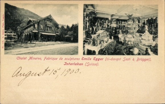 Postcard Interlaken Canton Bern Switzerland, Chalet Minerve, Emile Egger sculpture factory