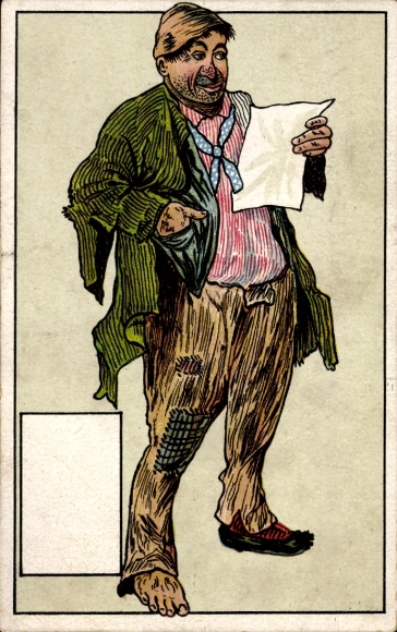 Postcard Man with torn trousers reading a letter.
