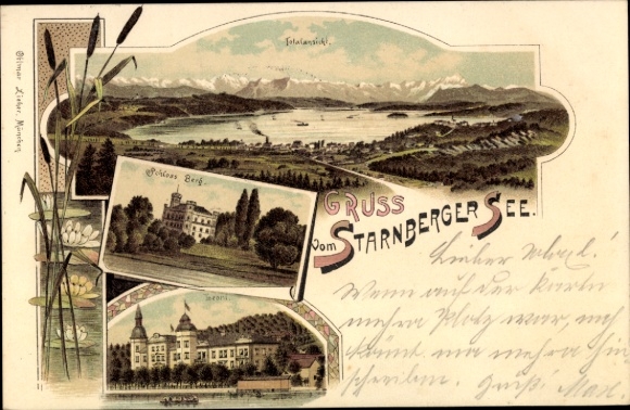 Chromo-Litho Berg on Lake Starnberg in Upper Bavaria, Berg Castle, Leoni, total view