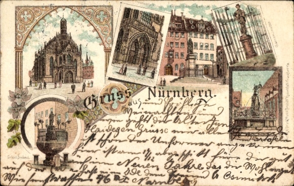 Litho Nürnberg in Mittelfranken, Frauenkirche, Portal, Denkmäler, Brunnen
