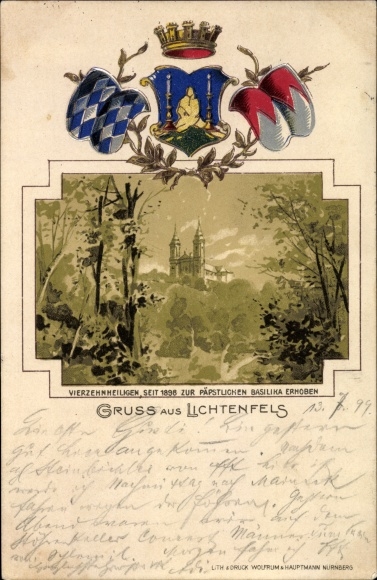 Präge Wappen Litho Lichtenfels im Obermainland Oberfranken, Basilika Vierzehnheiligen