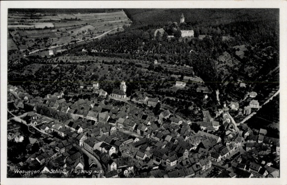 Postcard Wasungen in the Thuringian Forest, aerial photograph of the town with castle