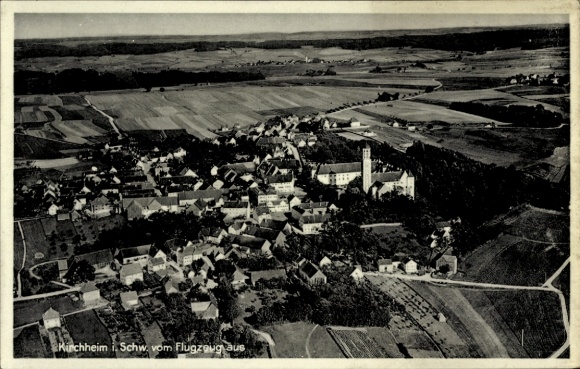 Postcard Kirchheim unter Teck Württemberg, aerial view of Kirchheim, fields and buildings, church to see