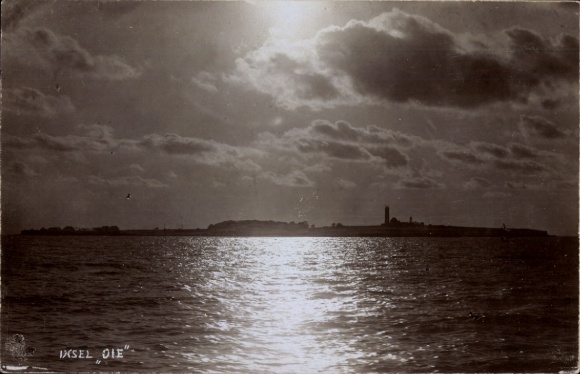 Postcard Insel Oie, Greifswalder Oie, waves crashing onto a pier. In the background is a lighthouse...