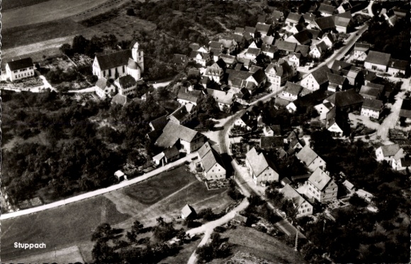 Postcard Stuppach Bad Mergentheim in Tauberfranken, aerial view of church, residential buildings, streets, land