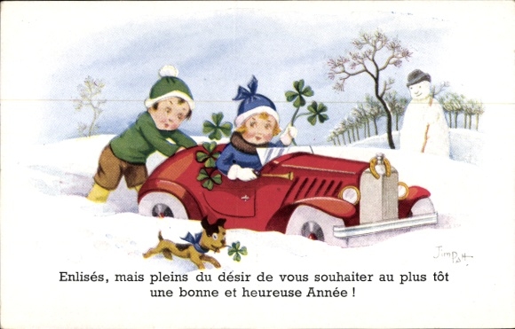 Artist Postcard Patt, Jim, Happy New Year, car stuck in the snow, clover, snowman