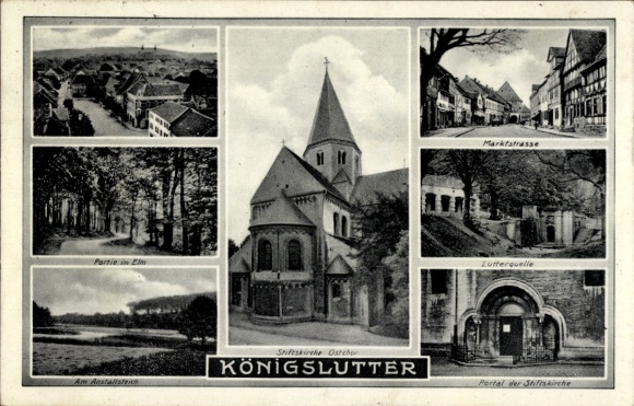 Ak Königslutter am Elm, Marktstraße, portaal van de collegiale kerk, Lutterquelle, oostkoor van de collegiale kerk
