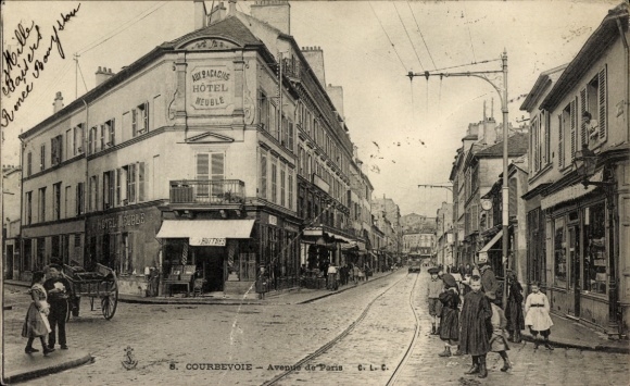 Postcard Courbevoie Hauts de Seine, Hotel Meuble, Avenue de Paris, city view, horse-drawn carriage