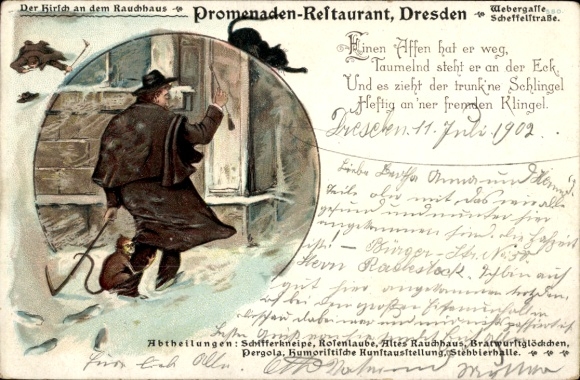 Chromo-Litho Dresden, Promenade Restaurant, Webergasse, Scheffelstraße, Drunk in the Snow, Monkey