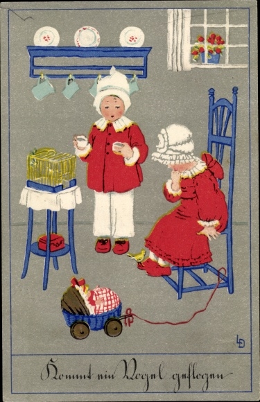 Artist PC Döring, L., children in the kitchen, wall plates, toys, chair