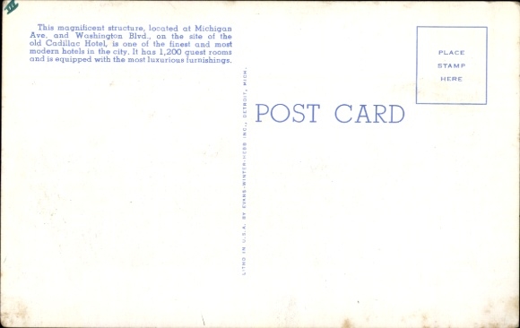 Postkaart Detroit Michigan USA, Hotel Book-Cadillac