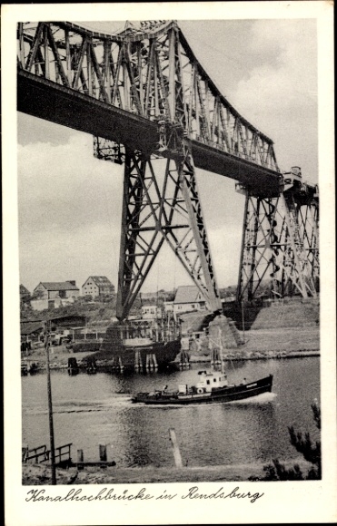 Postcard Rendsburg in Schleswig Holstein, canal bridge, waterway, shipping traffic, black and white