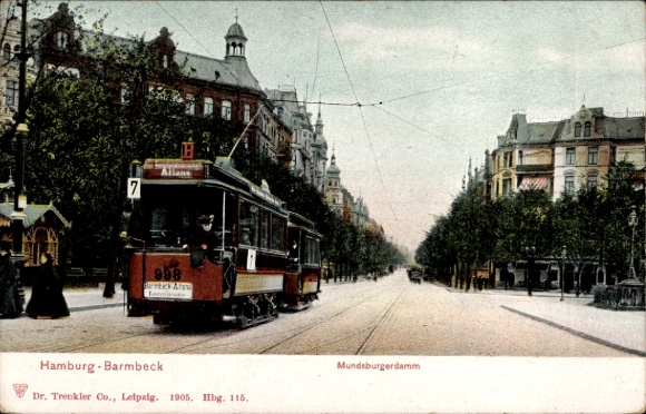 Postcard Hamburg Nord Barmbek, Mundsburgerdamm, tram 998, Trenkler 115