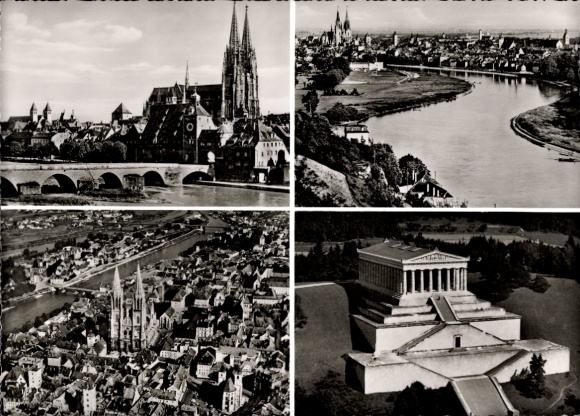 Postcard Regensburg on the Danube Upper Palatinate, building, city view, Walhalla, river view
