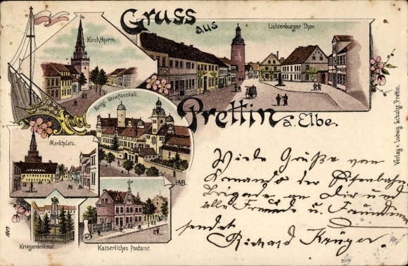 Chromo-Litho Prettin Annaburg in the Wittenberg district, Lichtenburger Gate, church, prison, market, post office