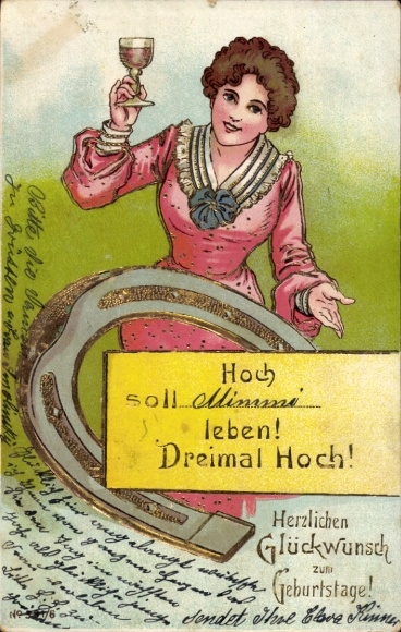 Wytłoczone litho wszystkiego najlepszego z okazji urodzin, niech żyje Mimmi, podkowa, kobieta z kieliszkiem wina