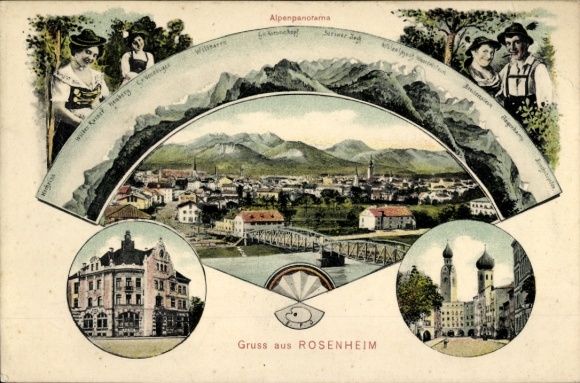 Postcard Rosenheim Upper Bavaria, Alpine panorama, market square, onion domes