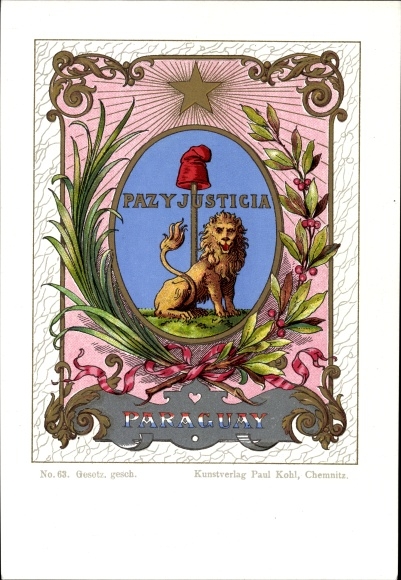 Wapenschild Litho Paraguay, Paz y Justicia, Vrede en Gerechtigheid, Leeuw