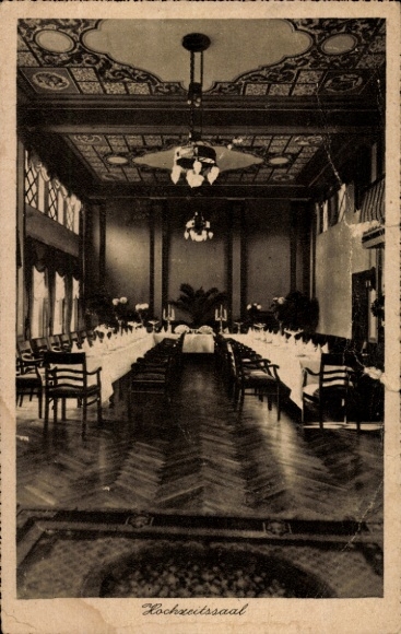 Postcard Neuenhagen near Berlin, wedding hall, elegant furnishings, long table, chairs, subdued lighting