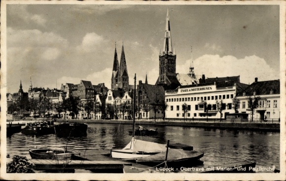 Postcard Hanseatic City of Lübeck, panoramic view of Obertrave, Marienkirche and Petrikirche, harbor boats