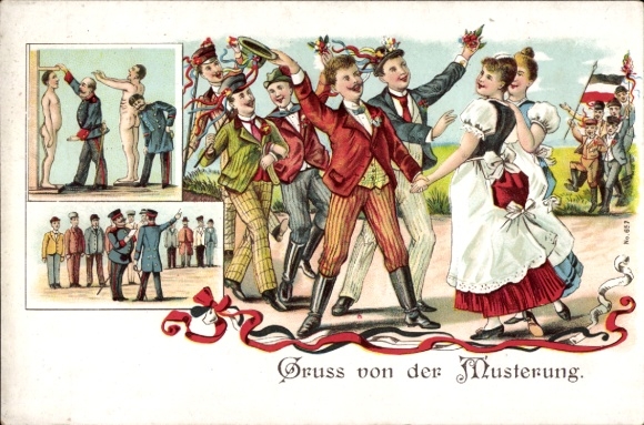 Chromo-Litho Greeting from the Muster, Celebration, Women, Inspection