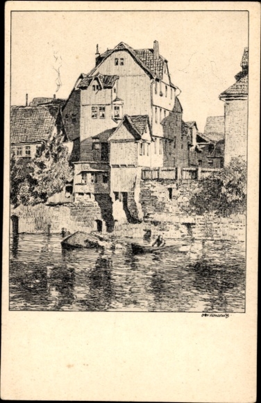 Artist Postcard Ubbelohde, Otto, Kassel in Hesse, Fulda riverbank