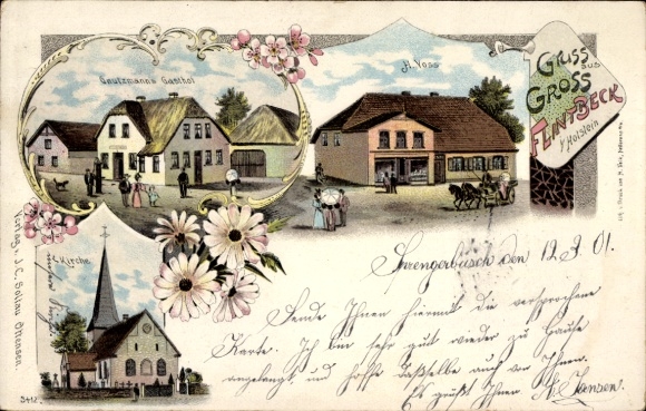 Ansichtkaart Flintbek in Sleeswijk-Holstein, winkel, H. Voss, herberg, kerk