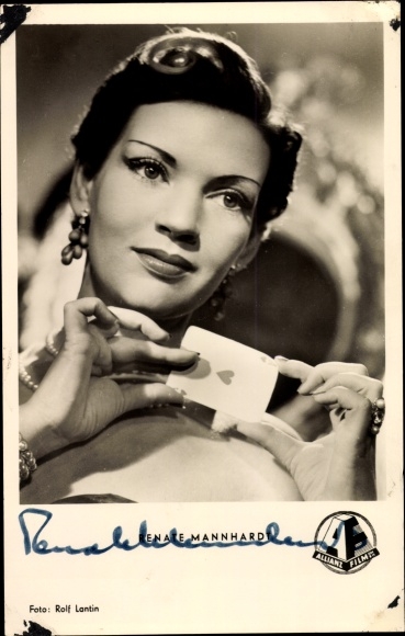Postcard actress Renate Mannhardt, portrait, autograph, playing card