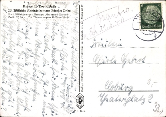 Artist Postcard Willrich, Wolfgang, Lieutenant Commander Günther Prien, Knight's Cross holder, VDA 1 5 2
