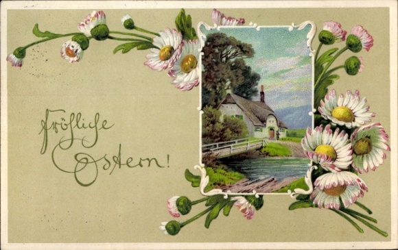 Ak Glückwunsch Ostern, Blumen, Haus
