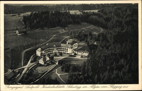 Postcard Scheidegg in Allgäu Swabia, Prince Regent Luitpold Children's Sanatorium, aerial photograph