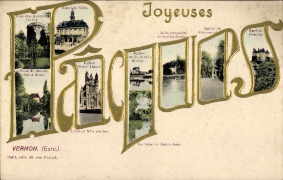 Ak Vernon Eure, Tour des Archives, Hôtel de Ville, Pont du Moulin, Église Notre-Dame, Ancien Donj