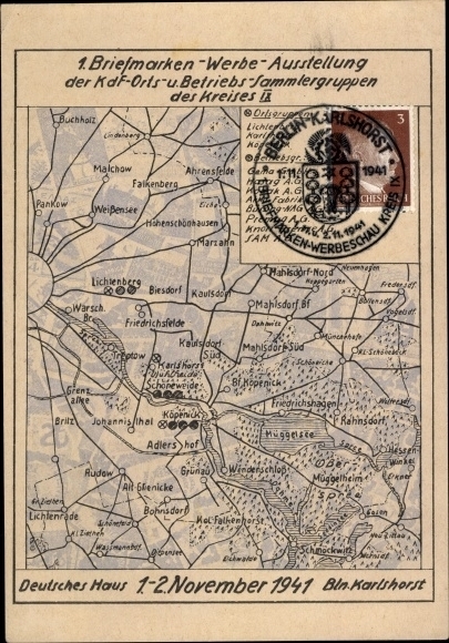 Stadtplan Ak Berlin Lichtenberg Karlshorst, 1. Briefmarken-Werbe-Ausstellung 1941, KdF Sammlergruppe
