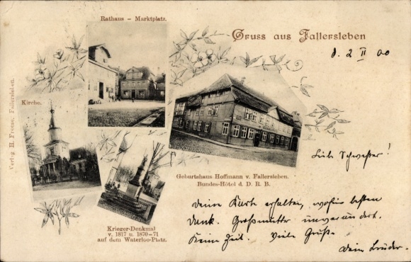 Postcard Fallersleben Wolfsburg in Lower Saxony, town hall, church, war memorial, Hoffman's birthplace