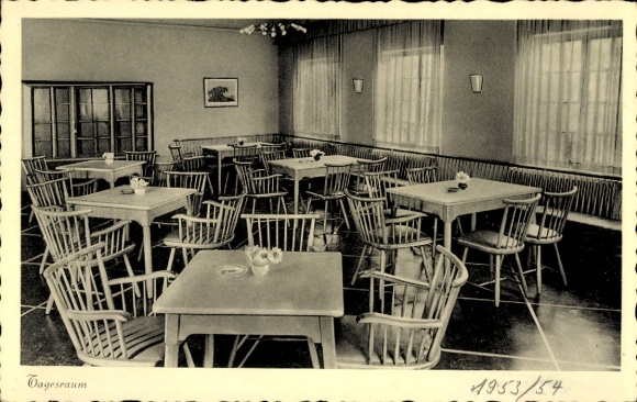 Postcard Westerstede in Oldenburg Ammerland, day room, tables, chairs, 1953/54