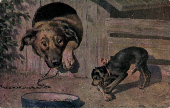 Künstler Ak Hunde, Welpe mit Knochen