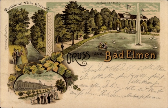 Chromo-Litho Bad Elmen Salzelmen Schönebeck on the Elbe, Villa Bismarck, swan pond, graduation tower