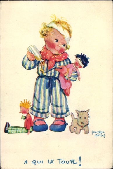 Artist PC Mallet, Beatrice, child with dolls, dog, cough syrup