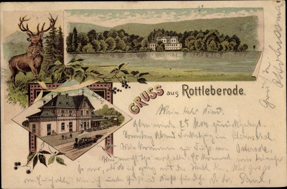 Chromo-Litho Rottleberode Südharz, train station, track side, castle, deer