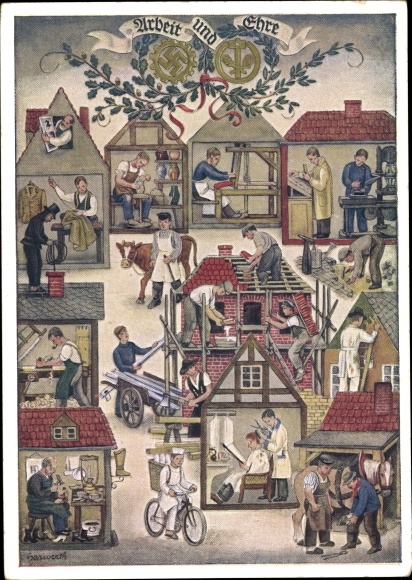Künstler Ak Reichshandwerkertag 1936, Arbeit und Ehre, Friseur, Bäcker, Töpfer, Schornsteinfeger