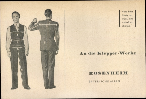 Postcard Rosenheim im Alpenvorland Oberbayern, Klepper works, advertising, man in a suit